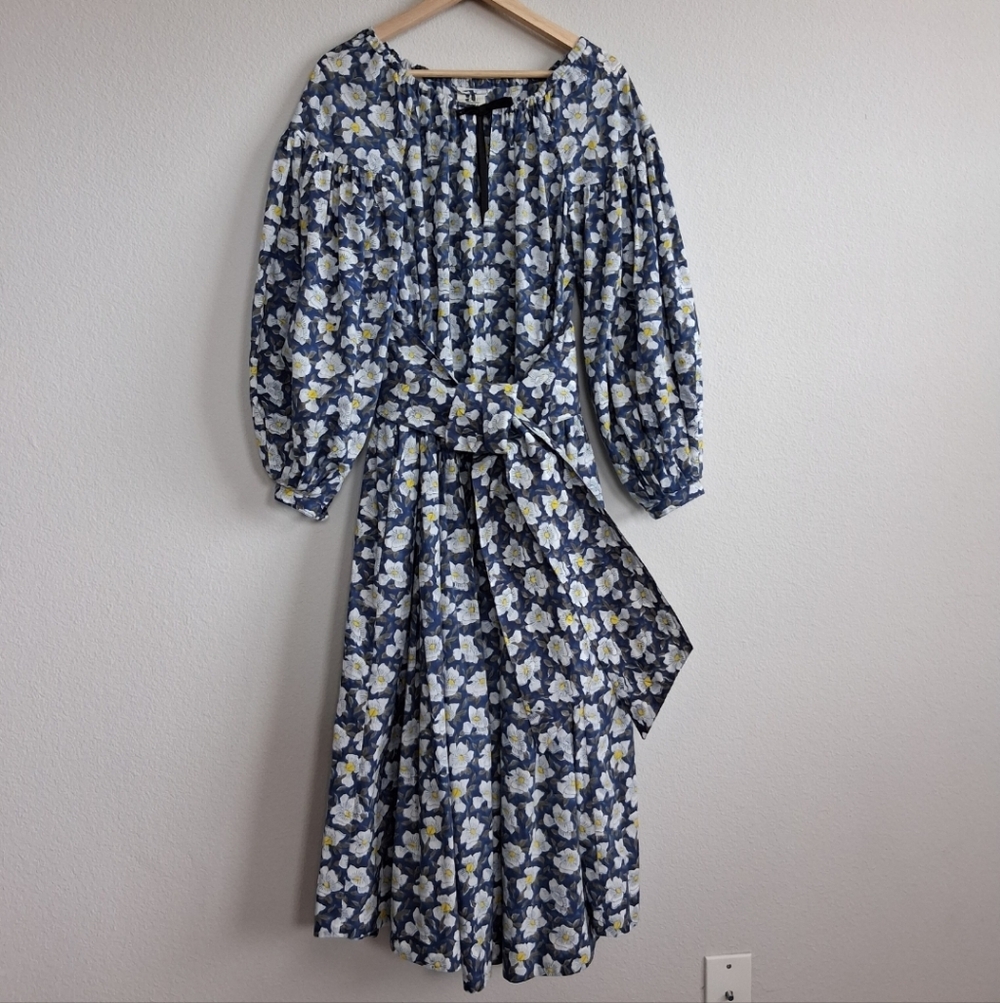 Aish Floral Block Print Balloon Sleeve Cotton Belted Maxi Dress